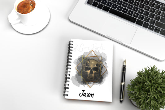 Personalised Gothic Skull Notebook, Black & Gold Skull