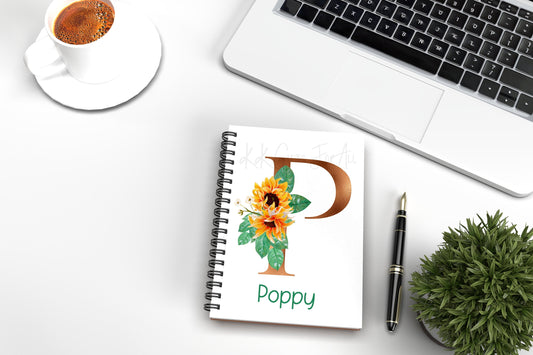 Personalised Initial Notebook, Copper Initial With Sunflower, Custom Notepad for Her, Birthday Gift Idea, Office Notes, Nan's Shopping List