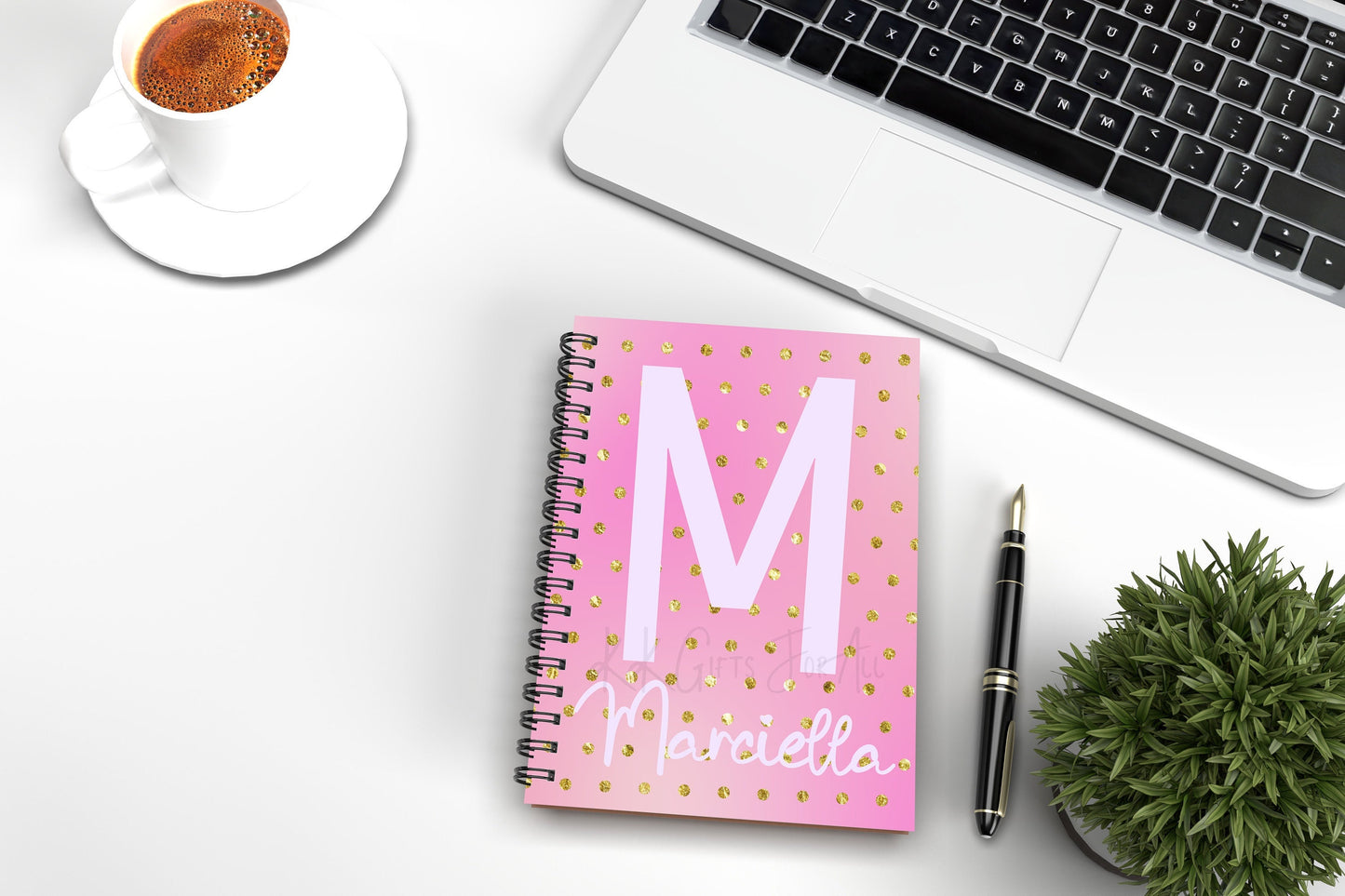 Personalised Office Notebook, Initial And Name Custom Notepad, Gift For Her, Valentine Gift For Writing Lover, Pink Polka Dot, Birthday Gift