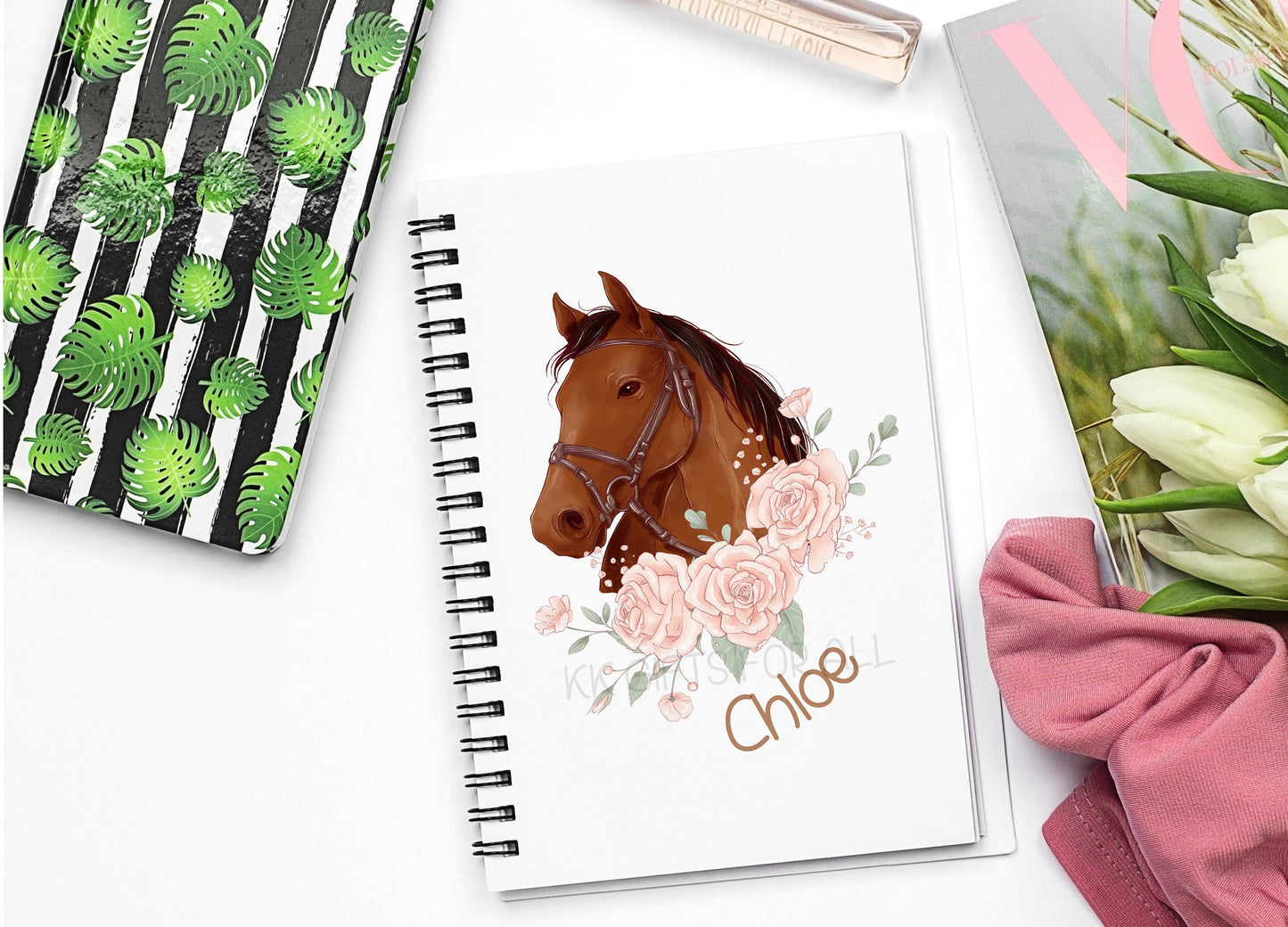 Personalised A5 Horse Notebook, Gift For Horse Rider Lover Owner, Horse And Roses Notepad, Notebook For Her