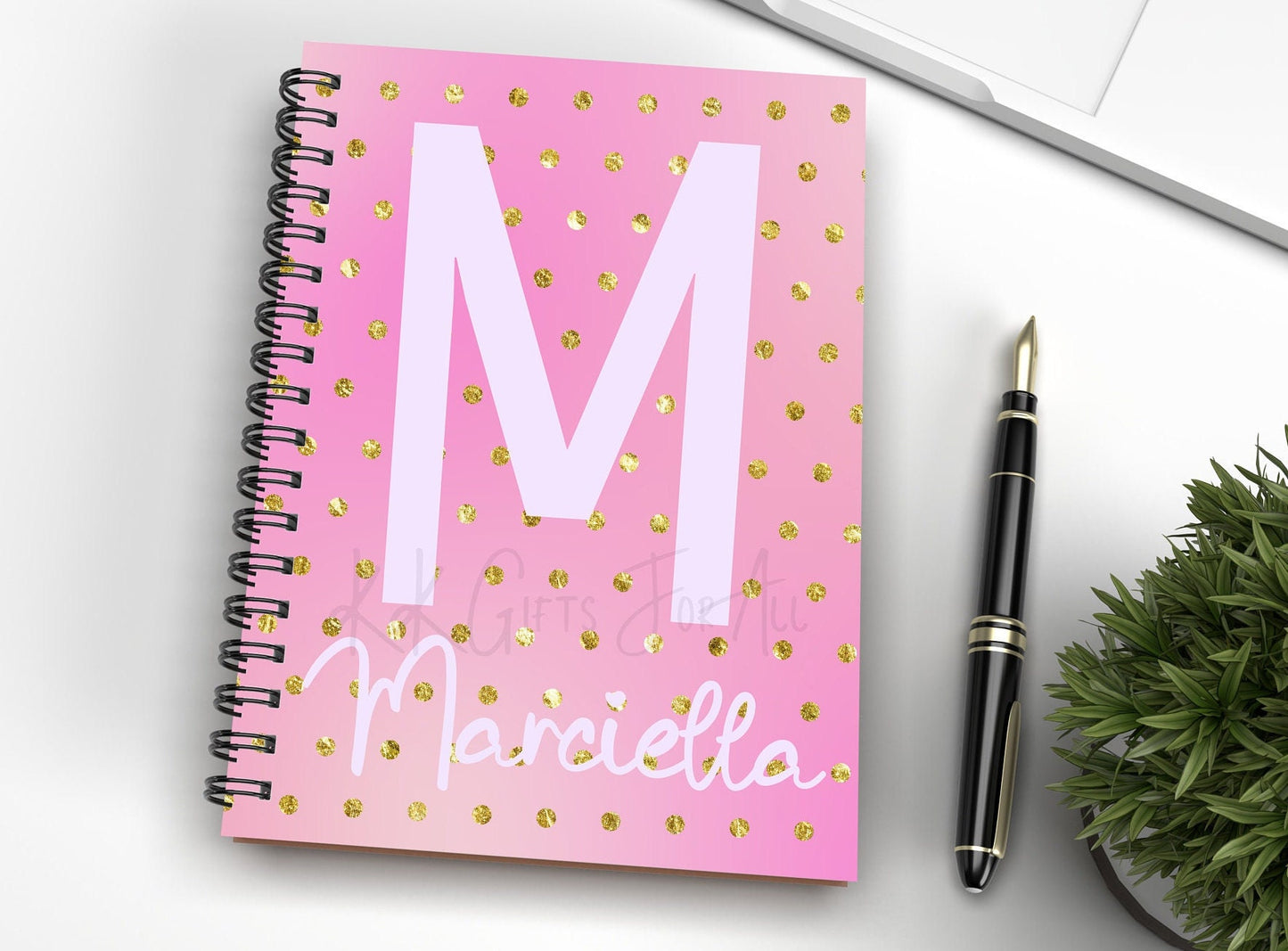 Personalised Office Notebook, Initial And Name Custom Notepad, Gift For Her, Valentine Gift For Writing Lover, Pink Polka Dot, Birthday Gift