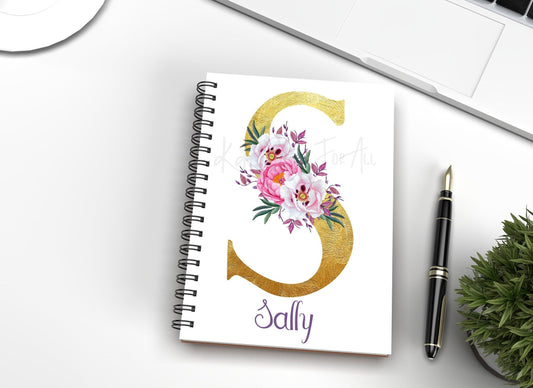Personalised Notebook, Initial And Name Notepad For Her, Birthday Gift Ideas, Gold Initial With Floral Design, Office Notebook, Gift For Mum