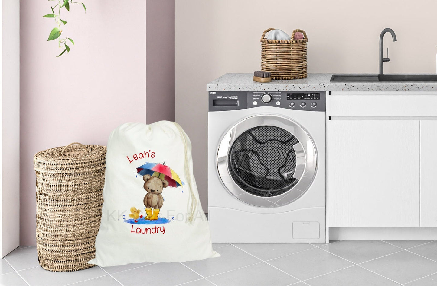 Personalised Children Laundry Bag, Cute Brown Bear Rainbow Umbrella In A Puddle, Large Washing Bag, Dirty Clothes