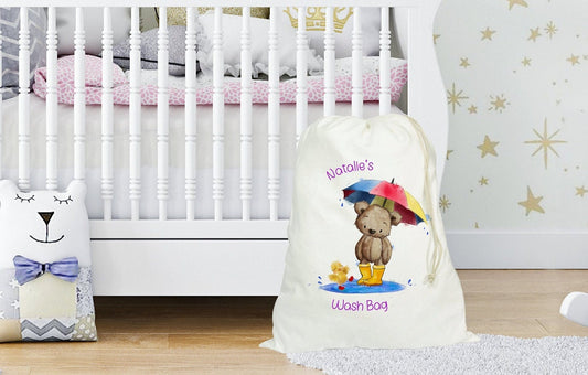 Personalised Children Laundry Bag, Cute Brown Bear Rainbow Umbrella In A Puddle, Large Washing Bag, Dirty Clothes