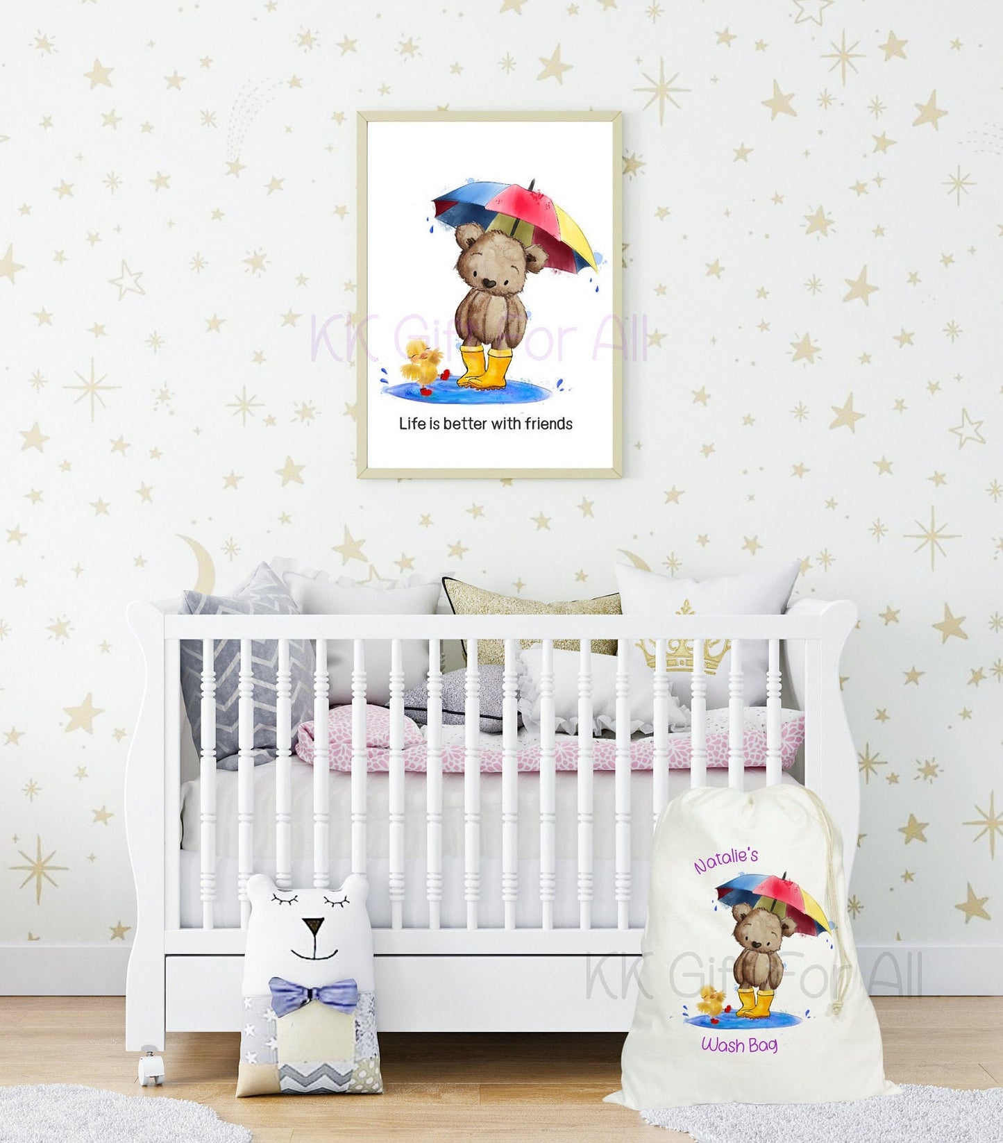 Personalised Children Laundry Bag, Cute Brown Bear Rainbow Umbrella In A Puddle, Large Washing Bag, Dirty Clothes