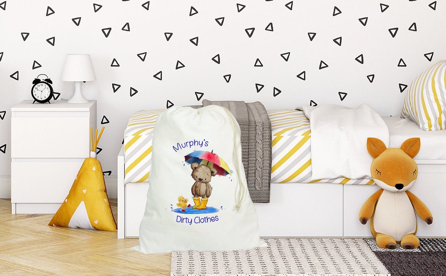 Personalised Children Laundry Bag, Cute Brown Bear Rainbow Umbrella In A Puddle, Large Washing Bag, Dirty Clothes