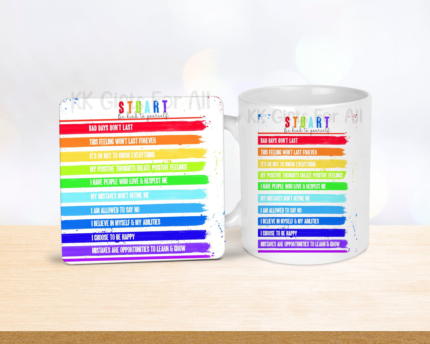 Personalised Multi Colour Positivity Mug & Coaster, Rainbow Bright Positivity Mug