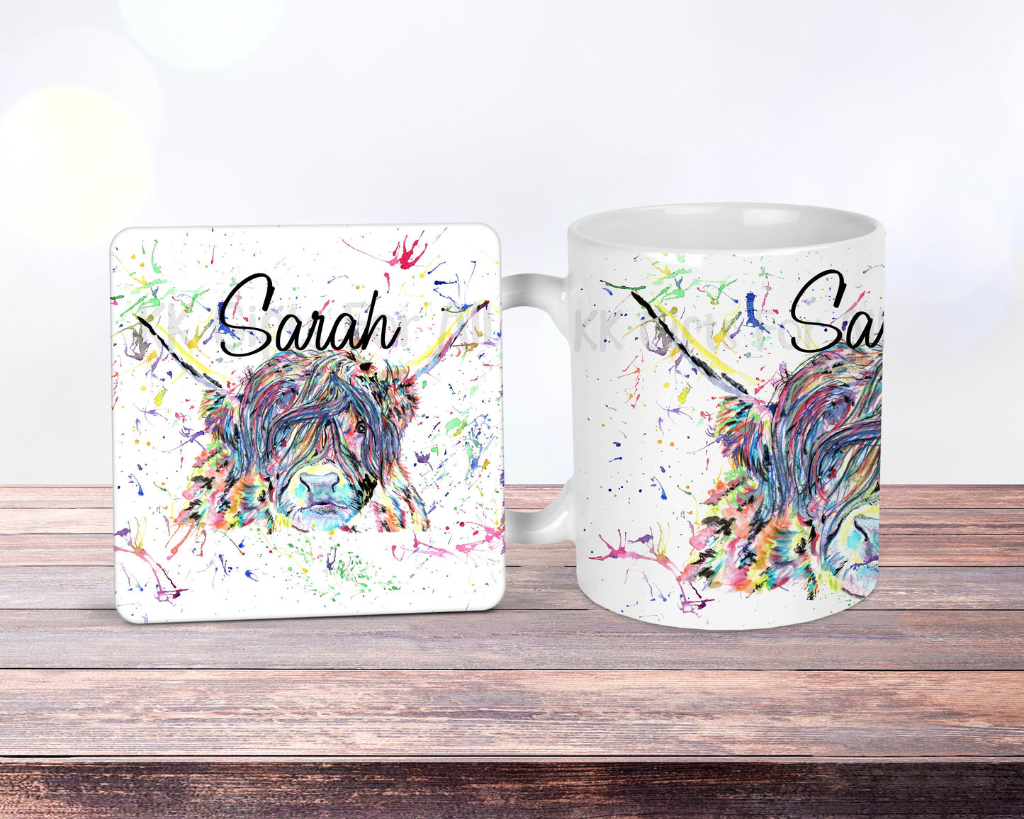 Highland Cow Mug & Coaster, Birthday Or Anniversary, Gift For Her, Custom Gift, Personalised Mug, New Office Mug, Cute Rainbow Highland Cow
