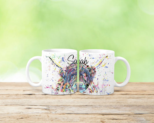 Highland Cow Mug & Coaster, Birthday Or Anniversary, Gift For Her, Custom Gift, Personalised Mug, New Office Mug, Cute Rainbow Highland Cow