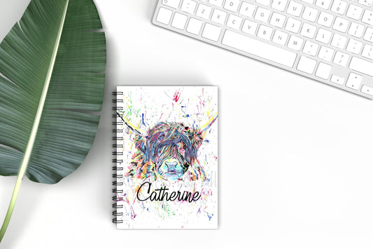 Highland Cow Notebook, Gift For Mum Or Friend, Birthday Gift For Her, Personalised Notepad, A5 Binded Lined Notes, Highland Cow Rainbow Note