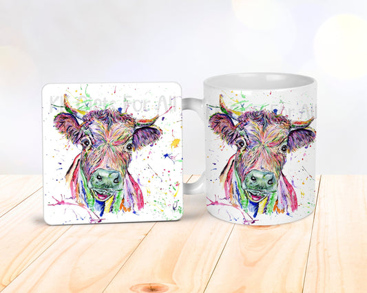 Multi Coloured Cow Mug, Birthday Gift For Friend, Co Worker Leaving Gift, Mug & Coaster Gift Set, Wrap Around Cute Dexter Cow Mug, Rainbow
