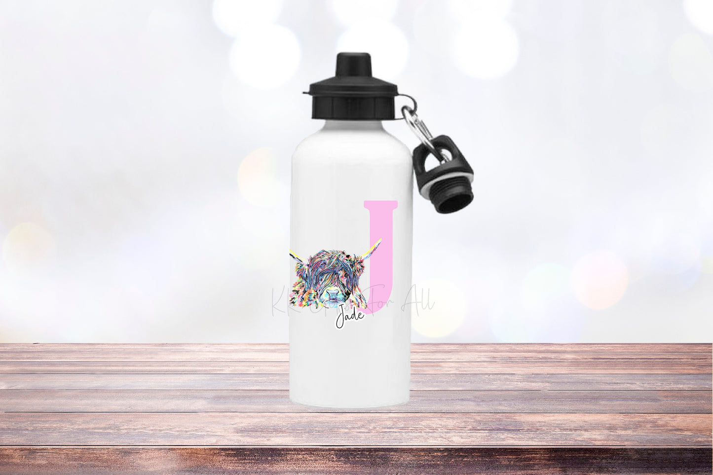 Personalised Highland Cow Initial Water Bottle, 600ML Aluminium Drink Bottle