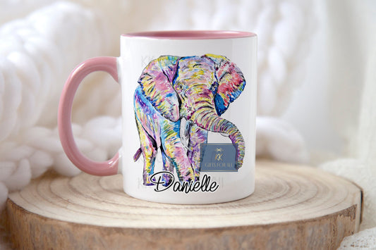 Rainbow Elephant Personalised Mug & Coaster, Birthday Gift For Her, Anniversary Gift For Wife, Watercolour Elephant, Ceramic Coffee Mug