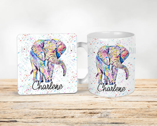 Personalised Rainbow Elephant Mug & Coaster, Multicolour Elephant Gift