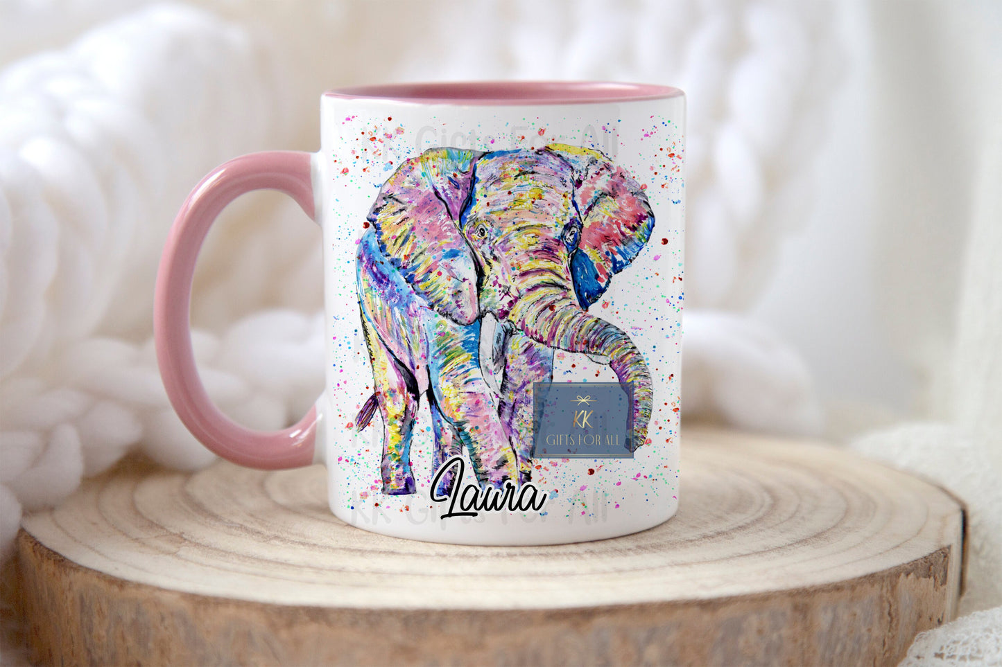 Rainbow Elephant Personalised Mug & Coaster, Birthday Gift For Her, Anniversary Gift For Wife, Watercolour Elephant, Ceramic Coffee Mug