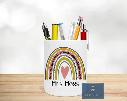 Personalised Teacher Pencil Pot, Desk Tidy, Teacher Gift, Thank You Miss, Rainbow Design Teacher Pen Pot, Teacher Appreciation, End Of Term