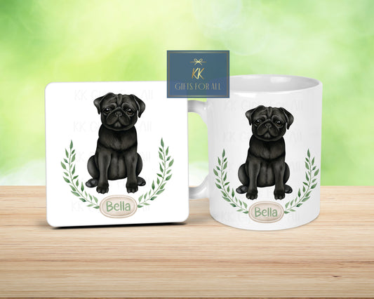 Personalised Black Pug Mug & Coaster, Gift For Pug Dog Owner