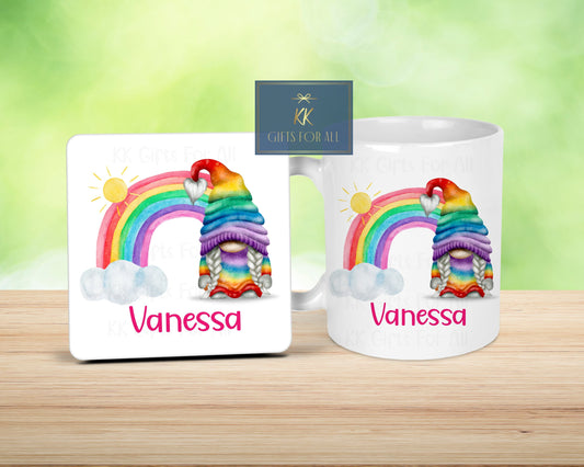 Rainbow Gnome, Birthday Gift, Anniversary Gift Wife, Personalised Gonk Gift, Gnome Gonk Office Mug, Mug And Coaster Gift Set, Custom Gifts