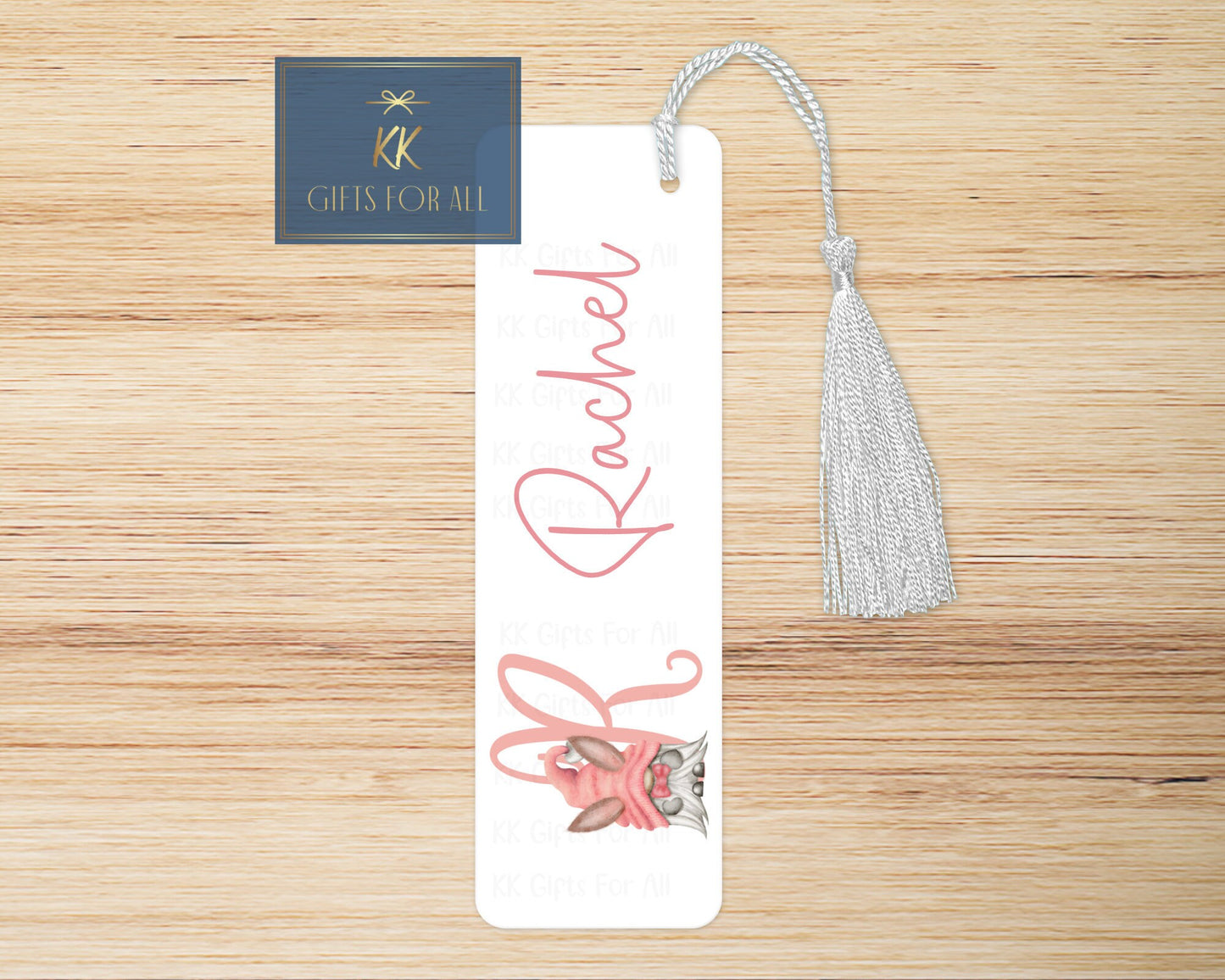 Pink Gnome Bookmark, Personalised Bookmark, Pink And Grey Gonk, Bunny Ears Cute Gnome, Custom Book Marker, Gifts For Her, Birthday Gift Idea