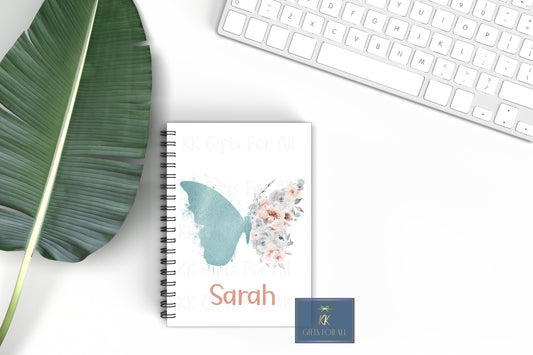 Floral Butterfly Notebook, Gift For Mum Friend Nan, Personalised A5 Notepad, Blue Teal Floral Butterfly