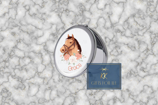 Personalised Compact Mirror, Gift For Her, Bridesmaid Gift, Thank you Gift, Gift For Best Friend, Round Mirror, Horse Lover Gift, Young Girl