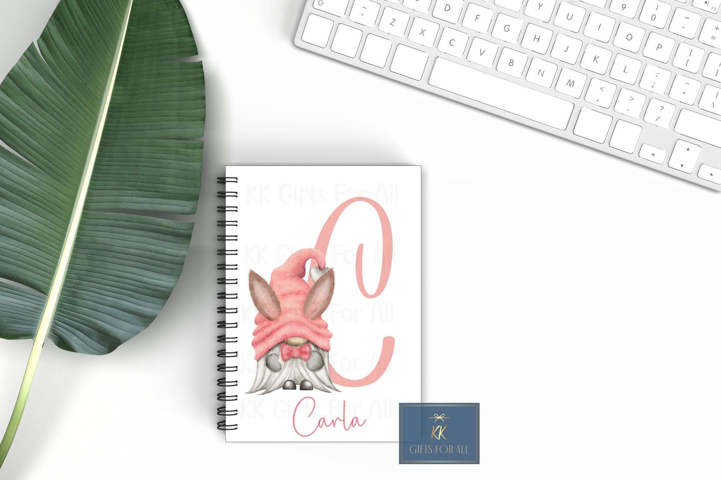 Personalised Gnome Notebook, Gift For Mum Or Friend, Birthday Gift For Her, Personalised Notepad, A5 Lined Notes, Pink Grey Bunny Gonk Gnome