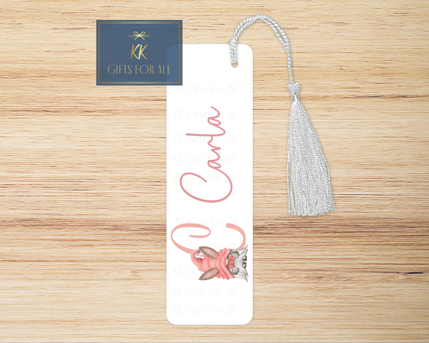 Pink Gnome Bookmark, Personalised Bookmark, Pink And Grey Gonk, Bunny Ears Cute Gnome, Custom Book Marker, Gifts For Her, Birthday Gift Idea