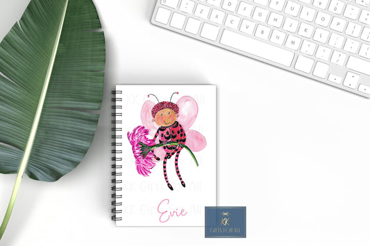 Cute Bug Personalised Notebook, Gift For Mum Or Friend, Birthday Gift For Her, Personalised Notepad Girl, A5 Notes, Pink Ladybug With Flower