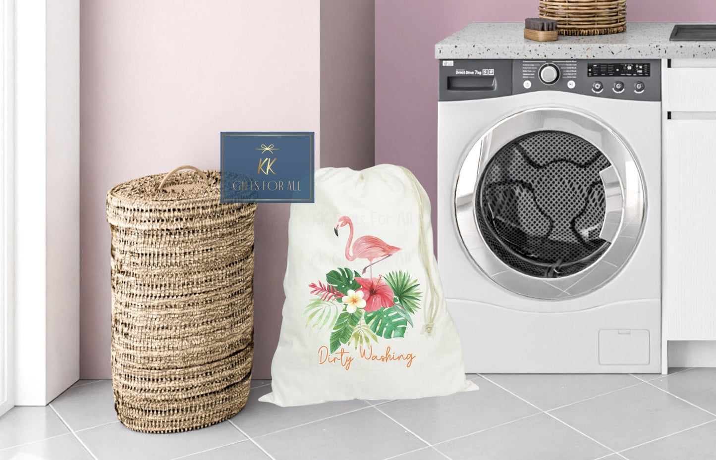 Flamingo Large Laundry Bag, Personalised Washing Sack, Laundry Basket Alternative, New Home Gift, Dirty Clothes Bag, Tropical Drawstring Bag