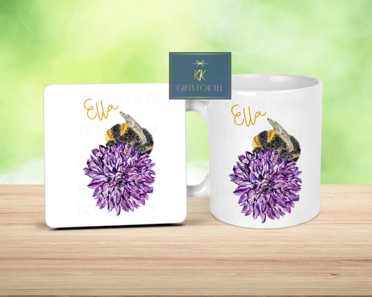 Personalised Bee Chive Mug & Coaster, Purple Chive Flower, Bumble Bee, Gardener Coffee Cup