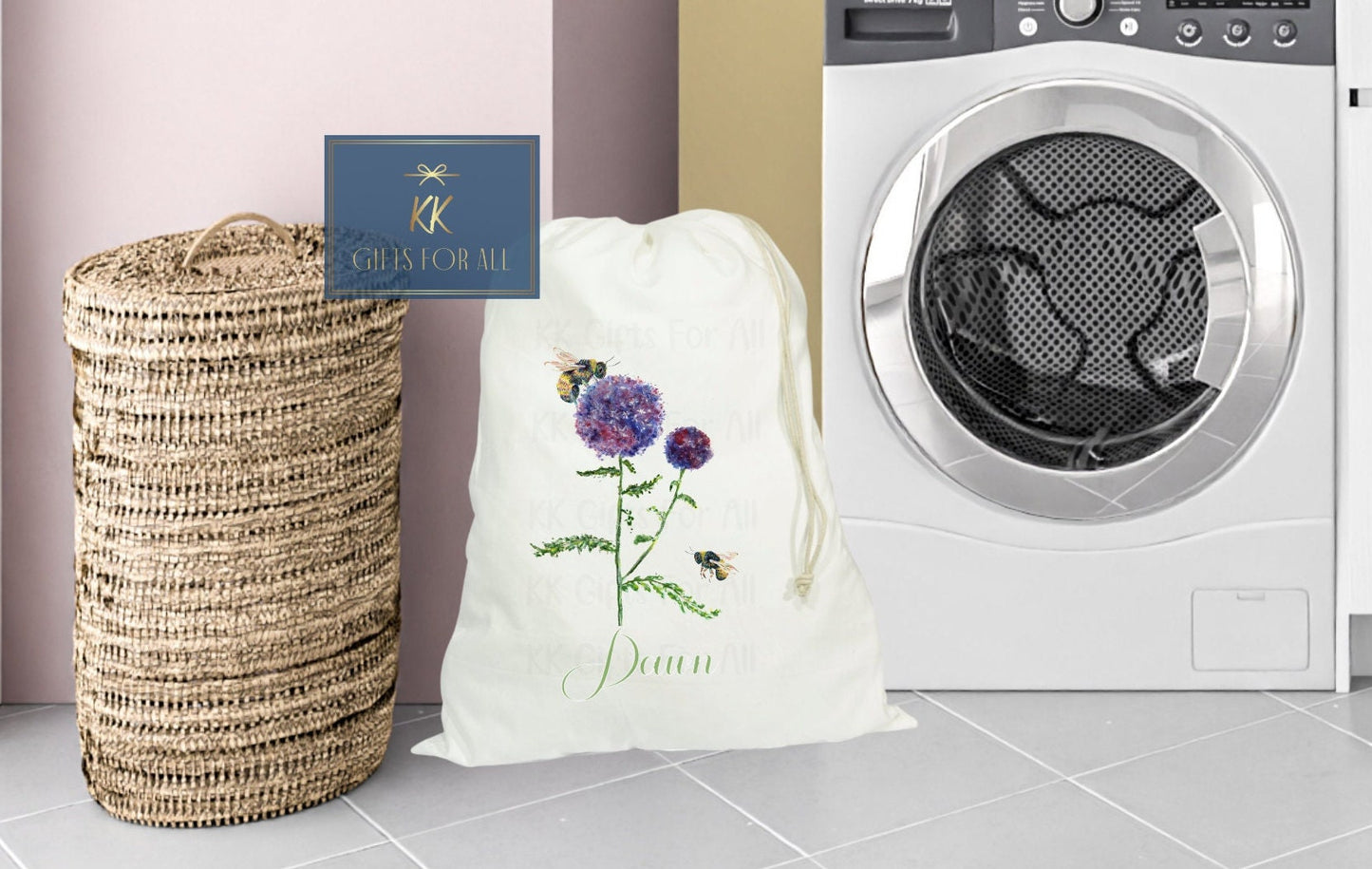 Large Laundry Bag, Bee Thistle Bag, Laundry Basket Alternative, NewHome Gift, Dirty Clothed, Gardening Lover Gift, Bumble Bee Thistle Flower