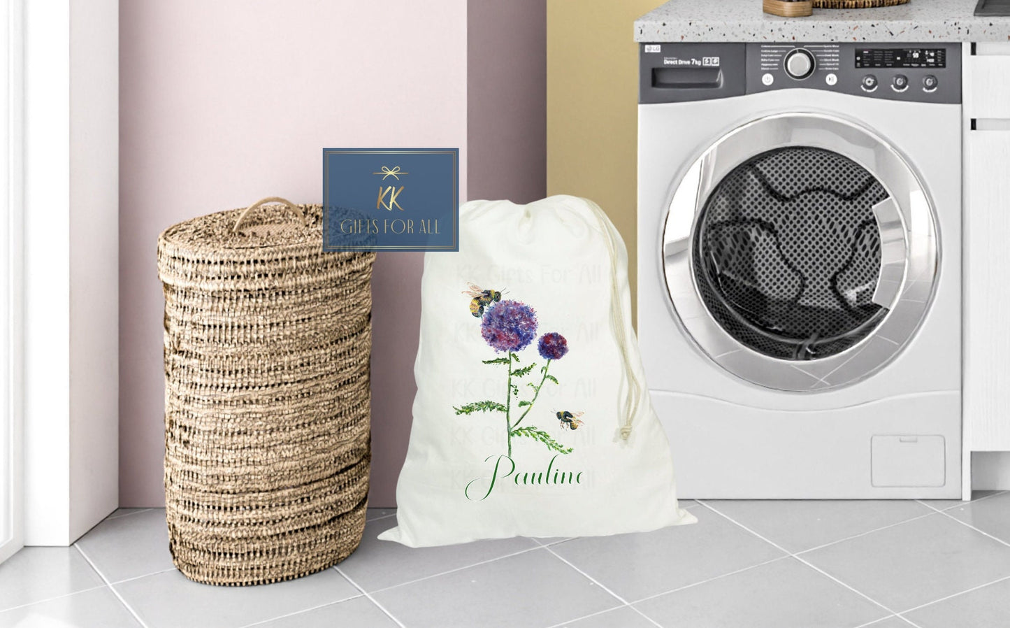 Large Laundry Bag, Bee Thistle Bag, Laundry Basket Alternative, NewHome Gift, Dirty Clothed, Gardening Lover Gift, Bumble Bee Thistle Flower