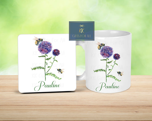 Personalised Thistle Bee Mug & Coaster, Gardener Gift, Bee Lover Gift