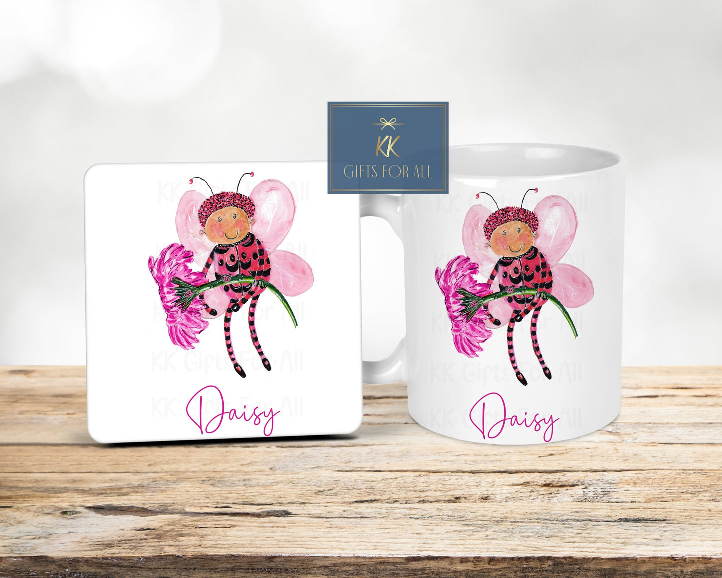 Lady Bug Personalised Mug & Coaster, Gifts For Young Girl, Bug Flower