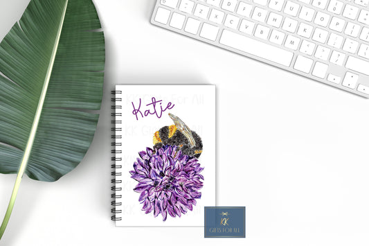 Personalised Watercolour Bee On Purple Chive A5 Notebook, Thank You Gift For Nature Lover Bee Keeper