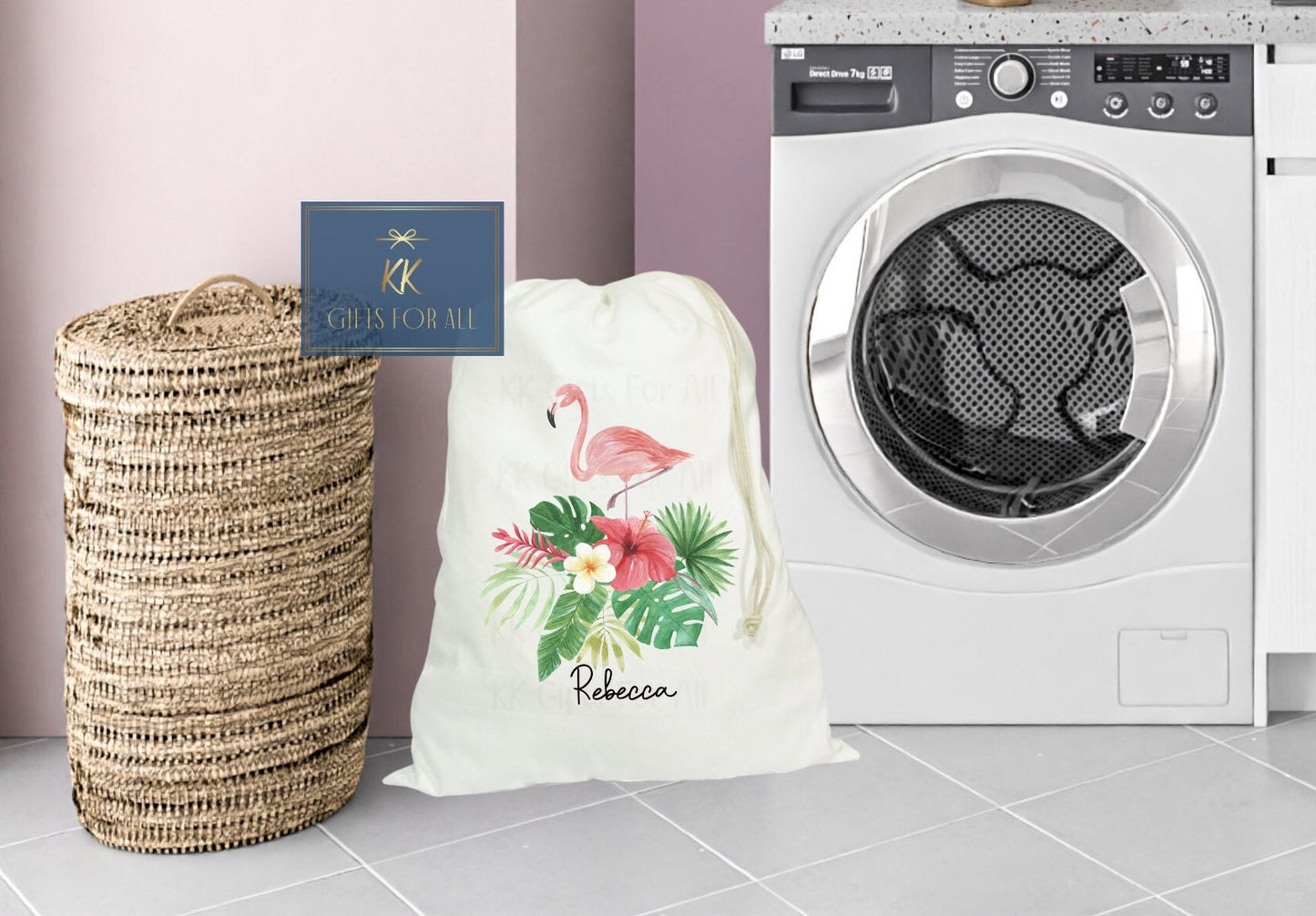 Flamingo Large Laundry Bag, Personalised Washing Sack, Laundry Basket Alternative, New Home Gift, Dirty Clothes Bag, Tropical Drawstring Bag