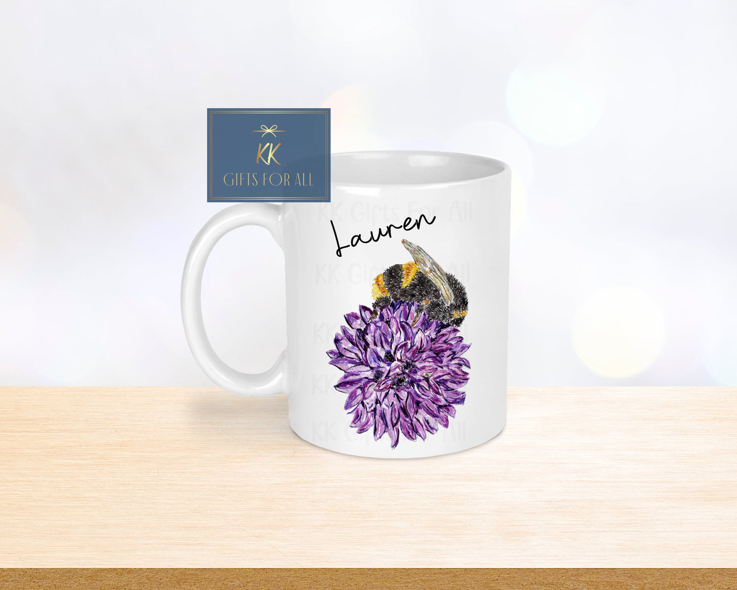 Personalised Bee Chive Mug & Coaster, Purple Chive Flower, Bumble Bee, Gardener Coffee Cup