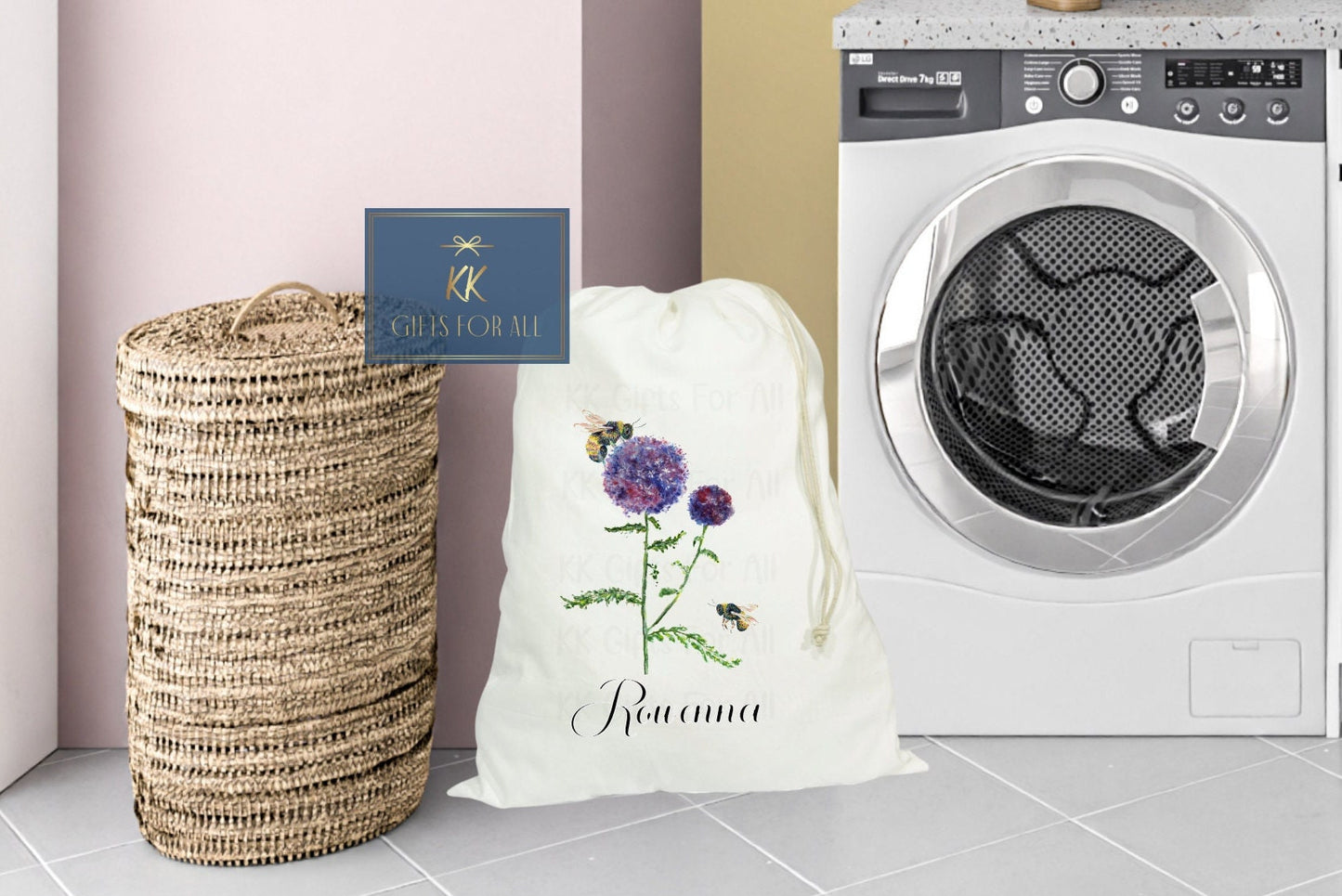 Large Laundry Bag, Bee Thistle Bag, Laundry Basket Alternative, NewHome Gift, Dirty Clothed, Gardening Lover Gift, Bumble Bee Thistle Flower