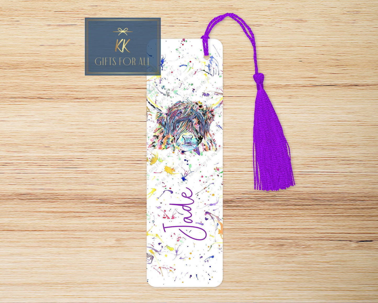 Personalised Highland Cow Bookmark, Birthday Gift For Her, Rainbow Colour Scottish Highland