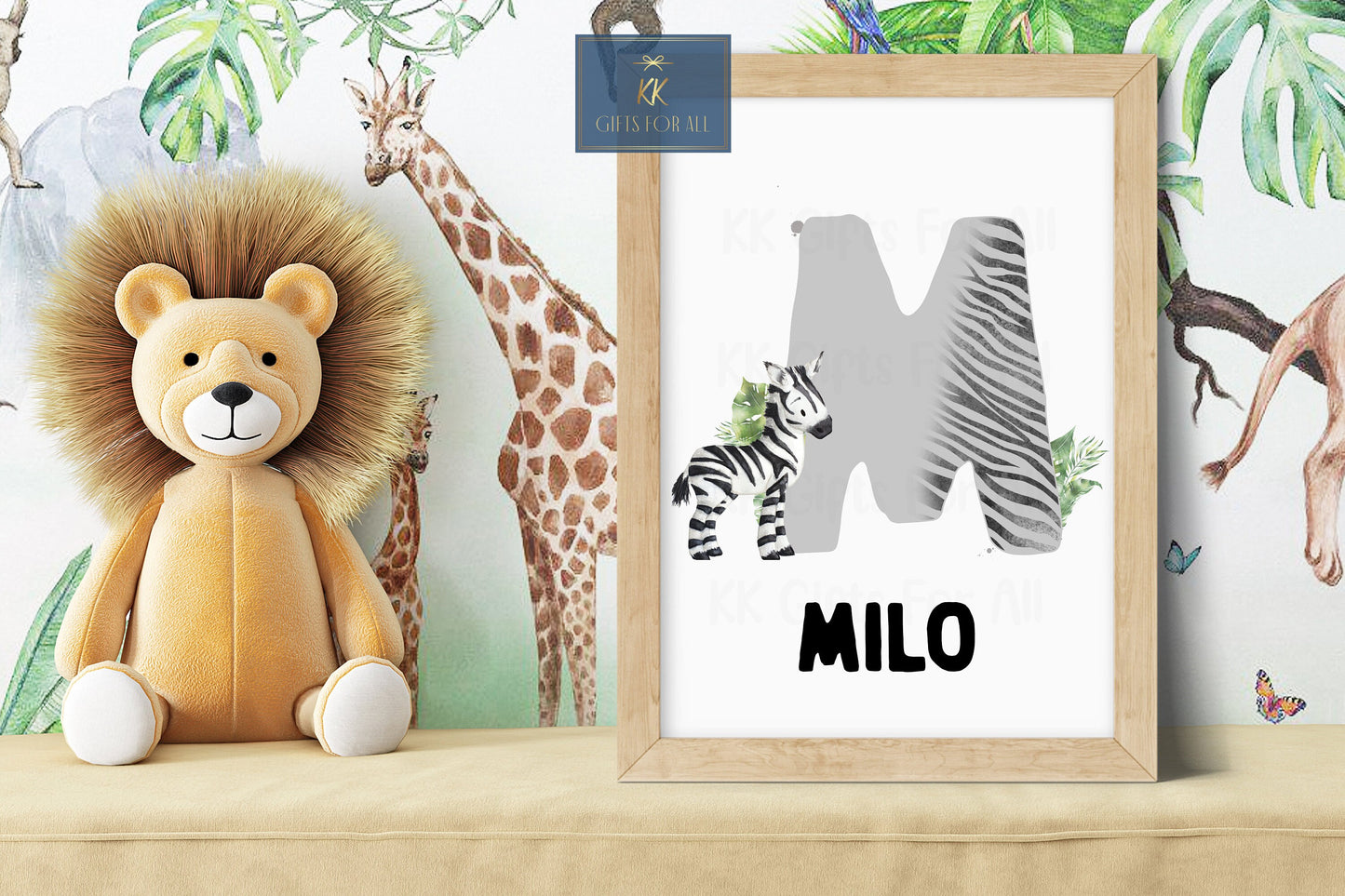 A4 Zebra Print, Zebra Initial & Name Wall Art, Cute Safari Zebra Wall Decor, Nursery Wall Art, Grey Initial, Black And White Safari Animal