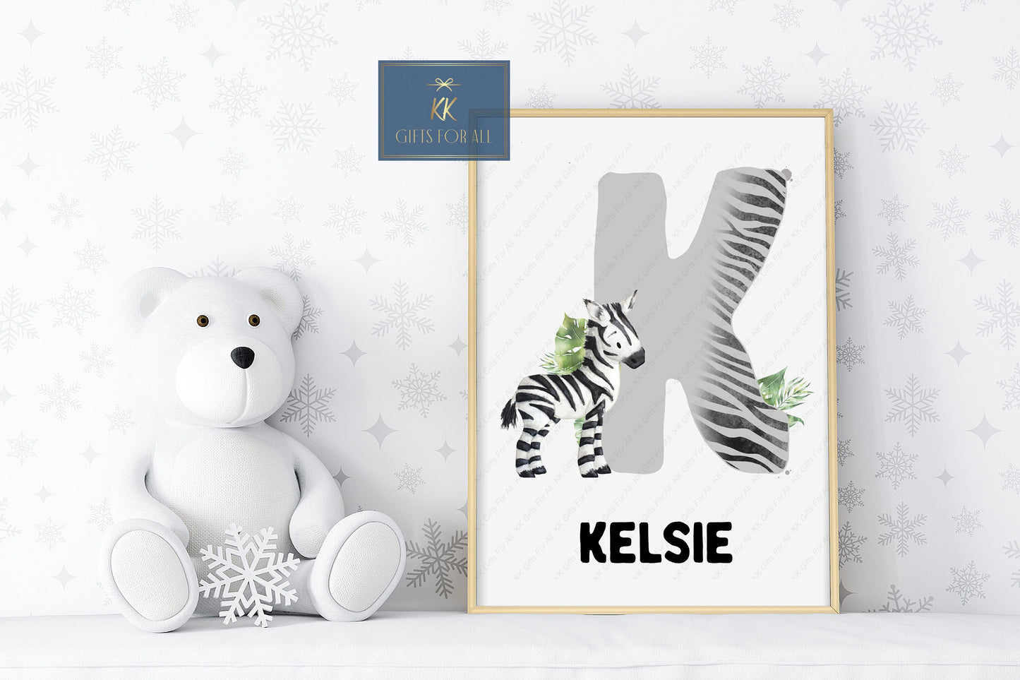 A4 Zebra Print, Zebra Initial & Name Wall Art, Cute Safari Zebra Wall Decor, Nursery Wall Art, Grey Initial, Black And White Safari Animal