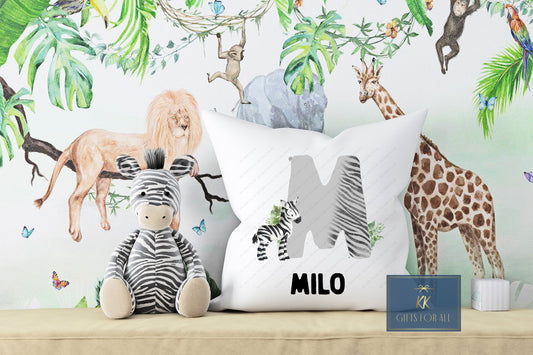 Personalised Cushion, Cushion Cover, Nursery Cushion, Name & Initial, Safari Zebra Cushion, Bedroom Decor, Unixe, Girl Or Boy Cushion
