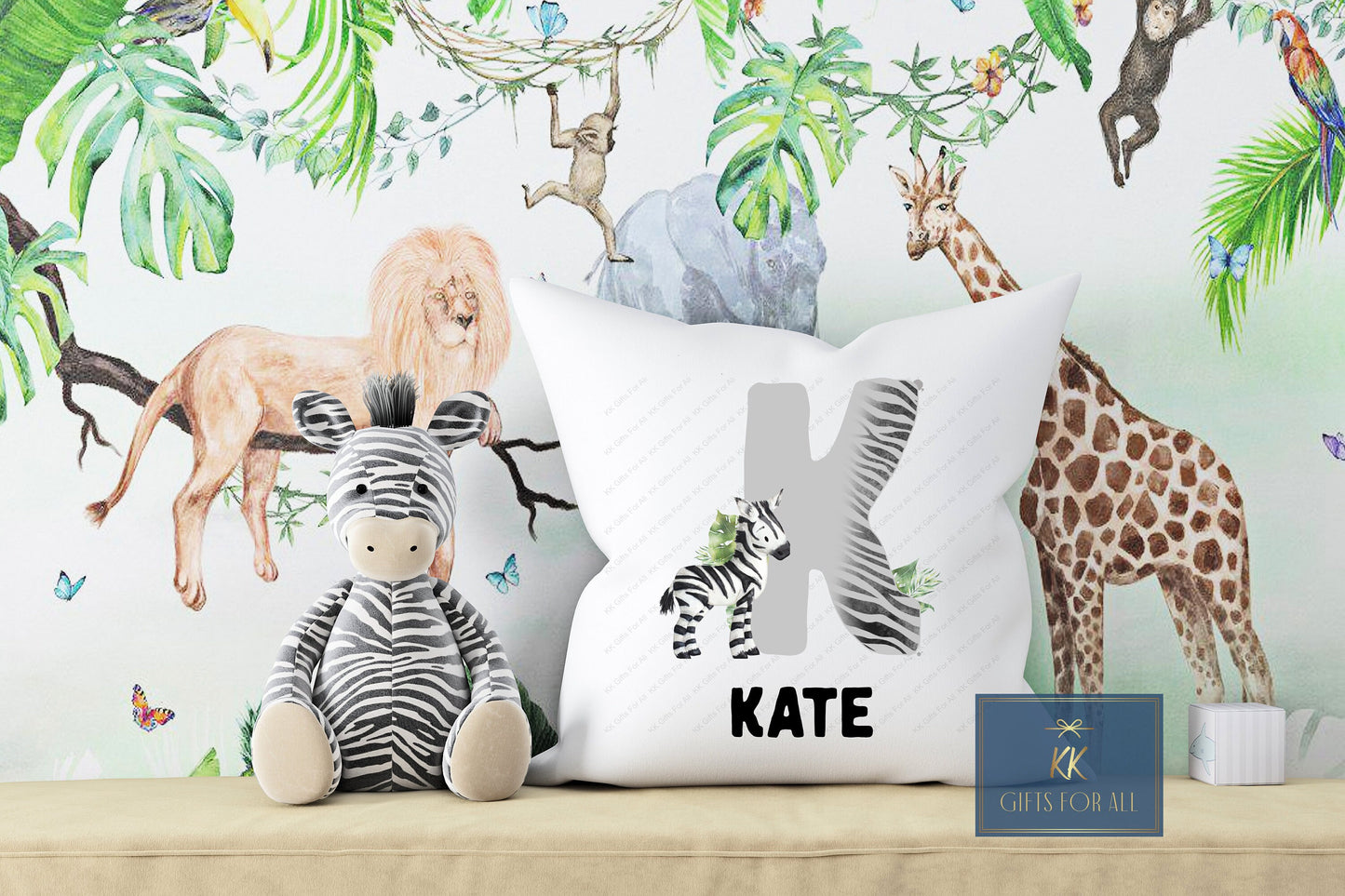 Personalised Cushion, Cushion Cover, Nursery Cushion, Name & Initial, Safari Zebra Cushion, Bedroom Decor, Unixe, Girl Or Boy Cushion