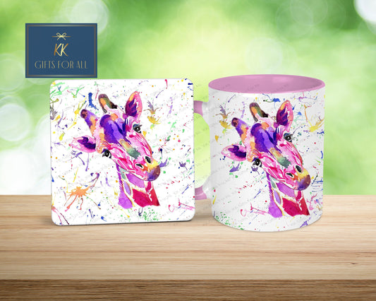 Rainbow Giraffe Personalised Mug , Gift For Friend, Birthday Or Anniversary Gift For Wife, Colourful Safari Giraffe, Cute Pink Mug & Coaster