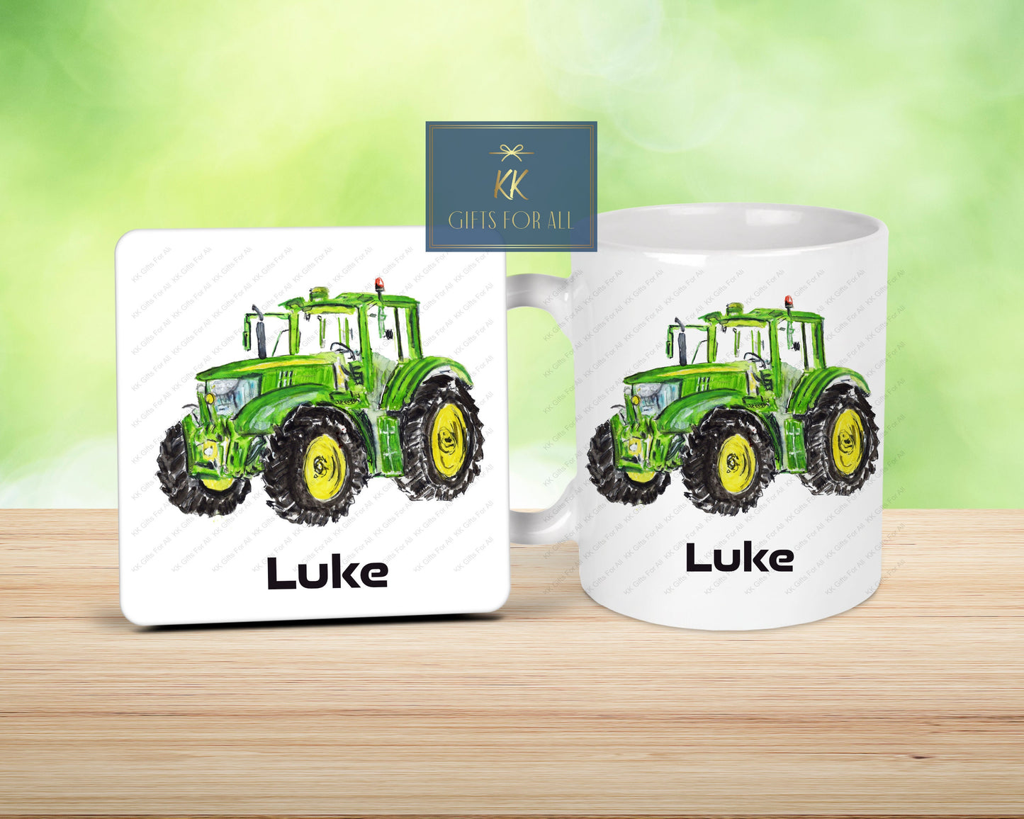 Personalised Green Tractor Mug & Coaster, Farmer Mug, Tractor Lover Birthday Gift