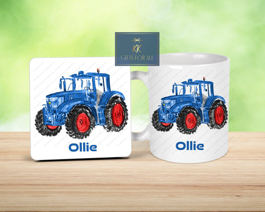 Personalised Tractor Mug & Coaster, Blue Tractor, Farmer Gift, Birthday Gift For Him, Gift For Young Boy, Farm Lover Gift, Farmer Wife Mug