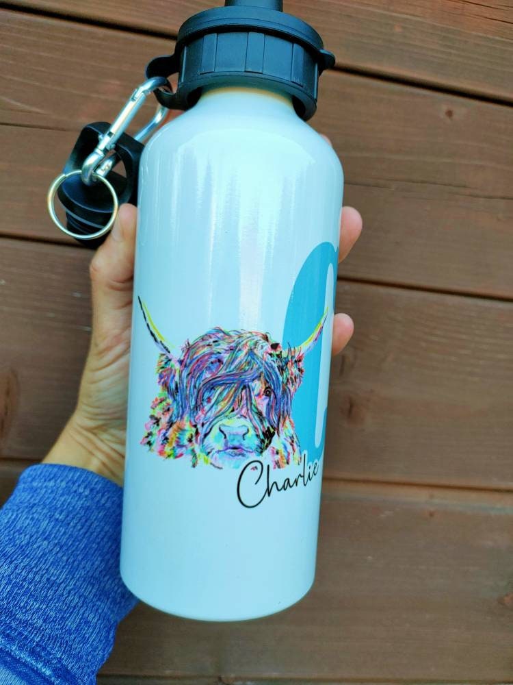 Personalised Highland Cow Initial Water Bottle, 600ML Aluminium Drink Bottle