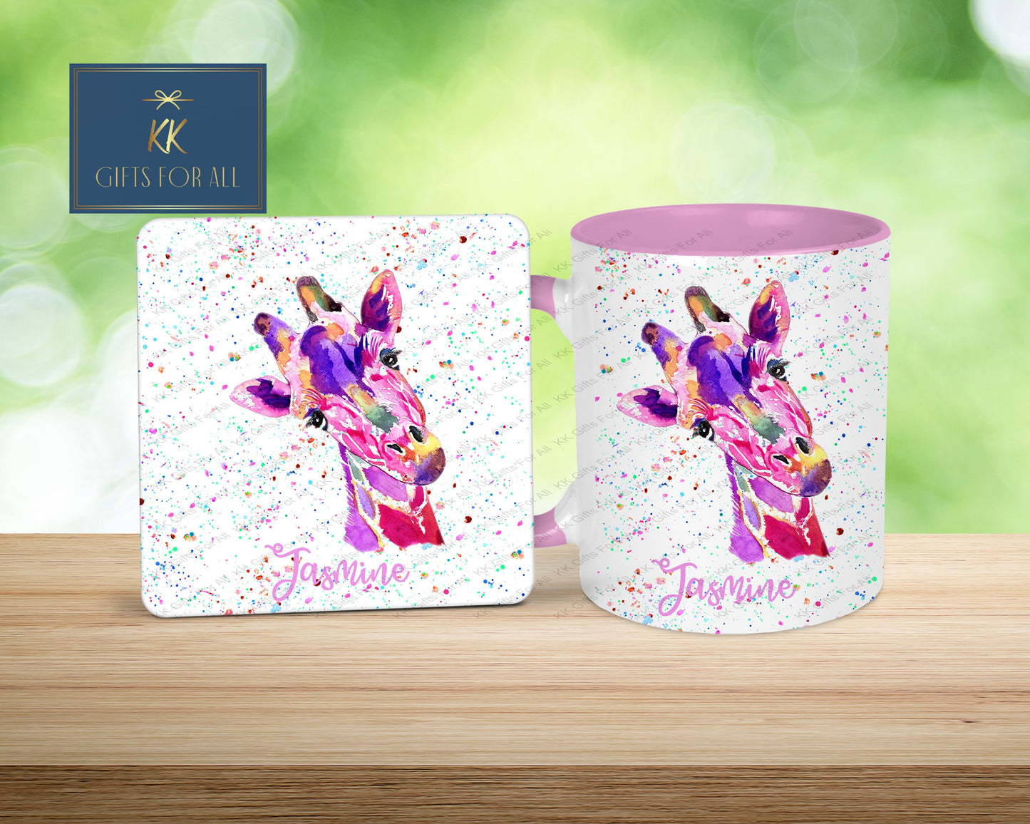 Watercolor Giraffe, Pink & Purple Giraffe,Gift For Her Birthday, Anniversary Gift For Wife, Personalised Mug And Coaster Gift,Custom Coaster