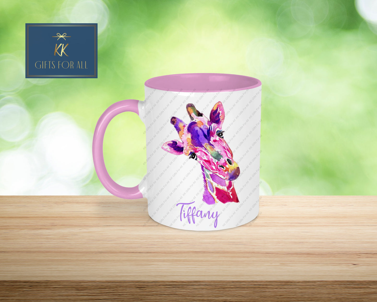 Personalised Giraffe Pink Handle Mug, Pink Watercolor Giraffe, Multi Coloured Sarari Giraffe Mug & Coaster, Custom Giraffe, Gifts For Female