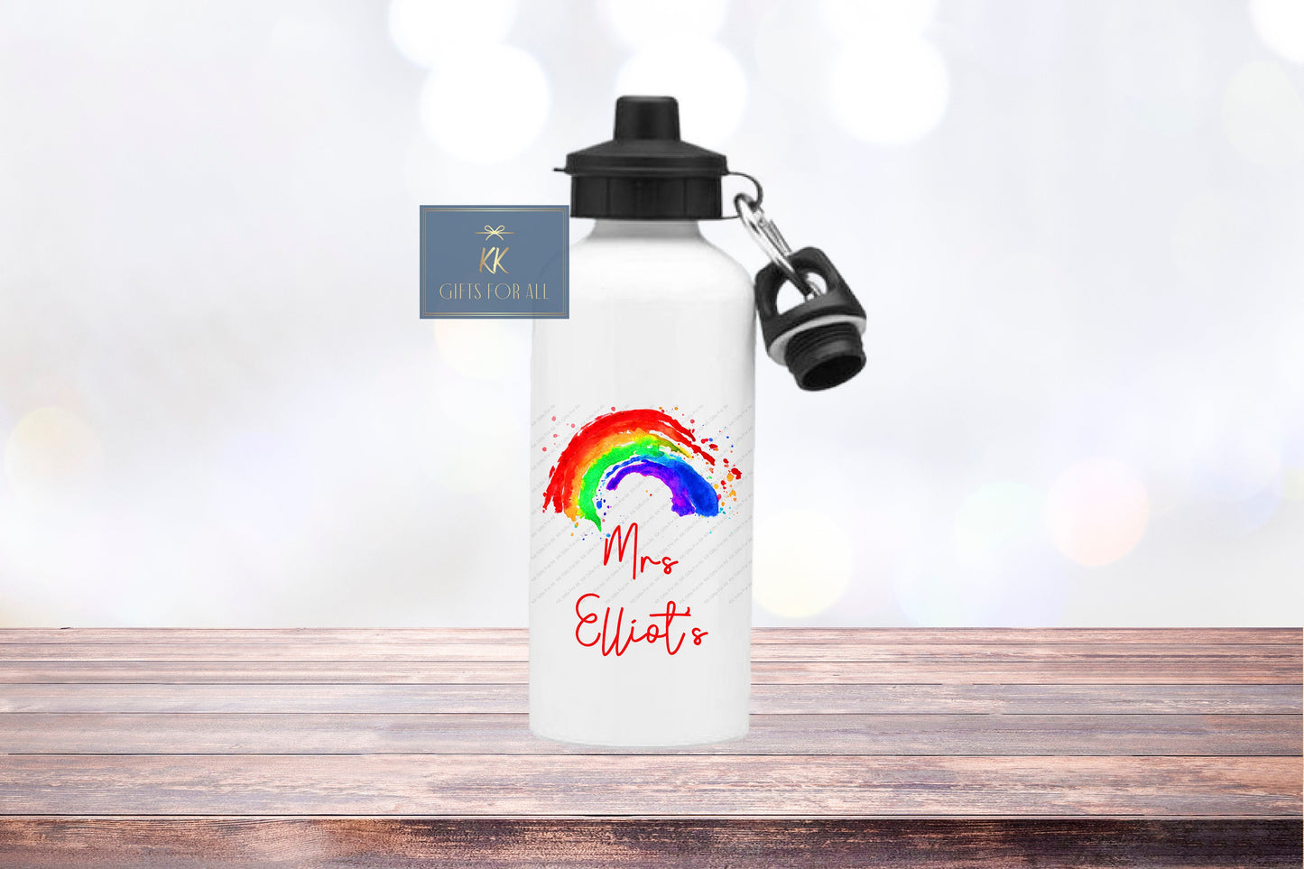 Rainbow Water Bottle, Personalised Water Bottle, Drinks Bottle, Aluminium Bottle, 600ML White Bottle, Gift For Her, Teacher Gift,White Flask